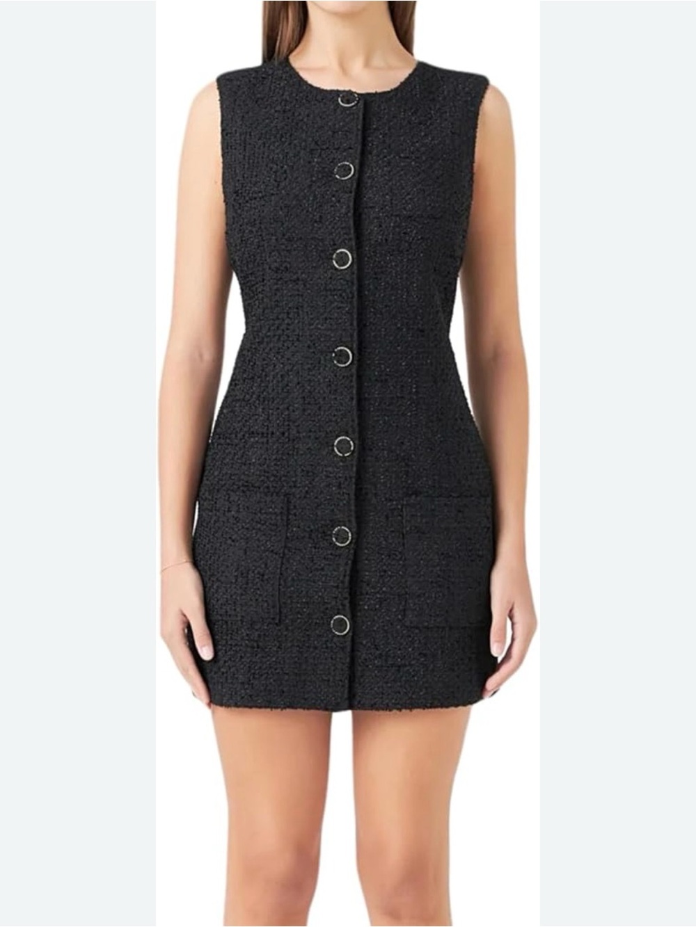 Endless Rose Black Sleeveless Tweed Button-Front Mini Dress